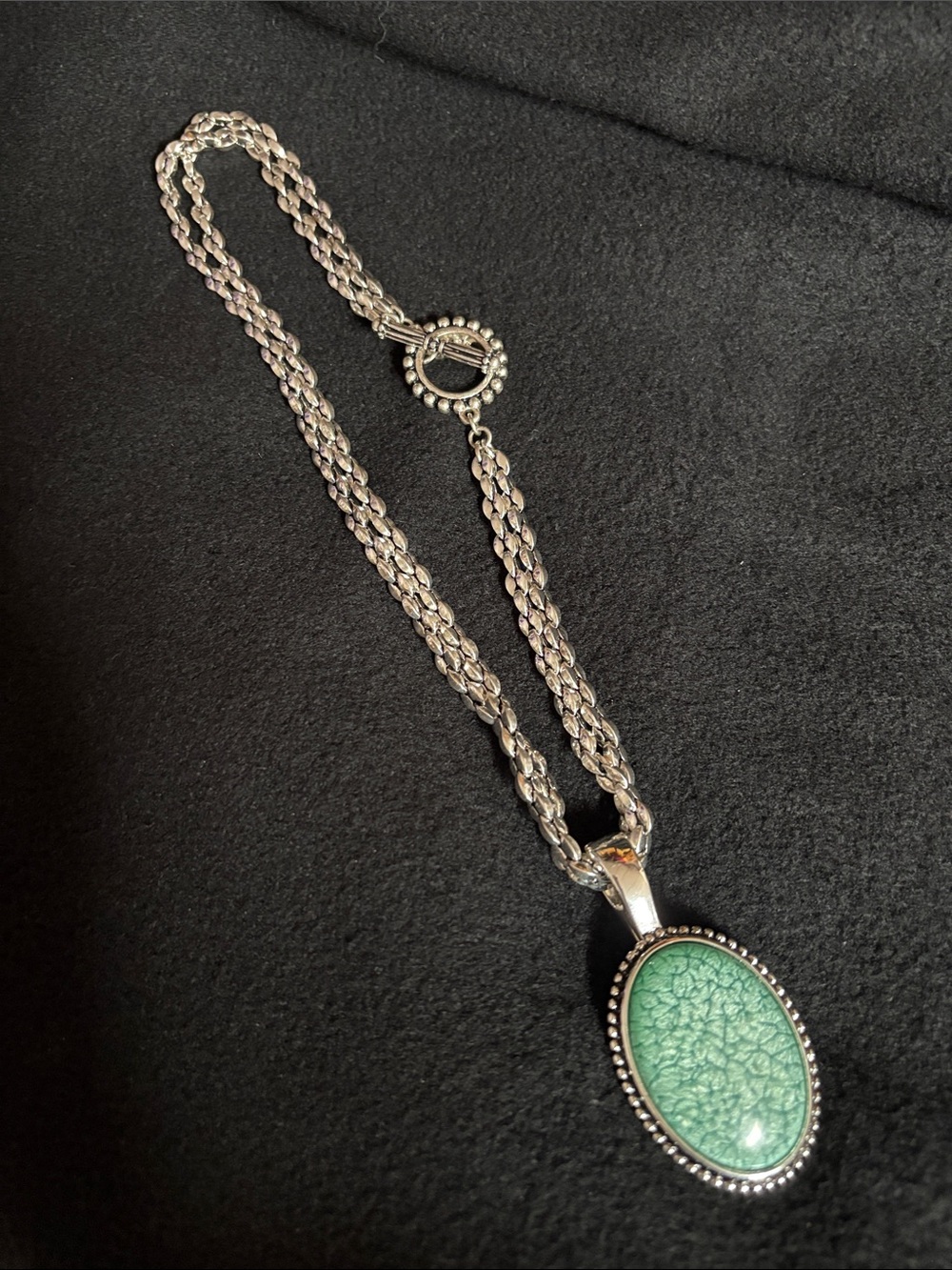 Premier Designs necklace silver-tone chain Turquoise Green Oval pendant